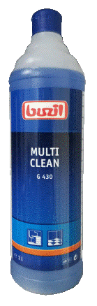 Buzil (Бузил) MULTI CLEAN G430 КОНЦЕНТРАТ 1 литр. PH 13 Для ручной и машинной мойки полов. Грязеотталкивающий эффект, эффективно от масложировых загрязнений. Содержит спирт. Подходит для твердых покрытий (плитка, керамогранит, линолеум, ламинат).